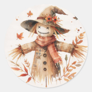 Smiling Scarecrow Autumn Watercolor Classic Round Sticker