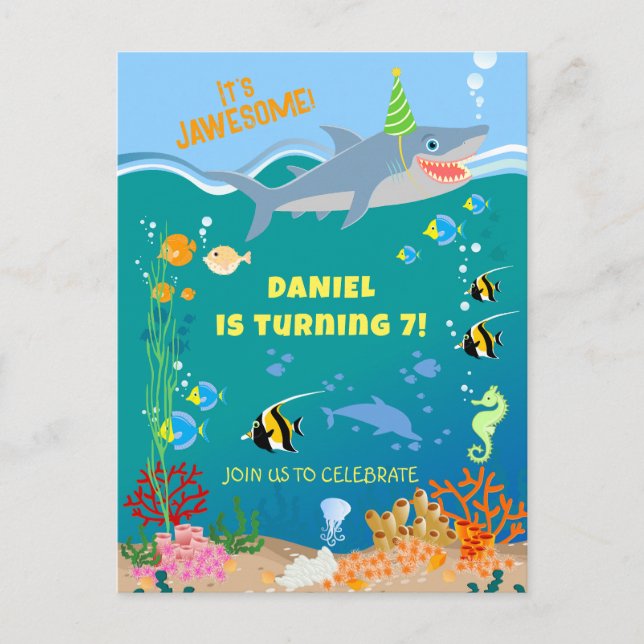 Smiling shark under the sea boy Birthday Party Invitation Postcard (Front)