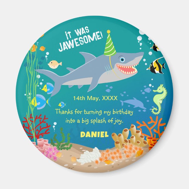 Smiling shark under the sea boy Birthday Party Magnet (Front)
