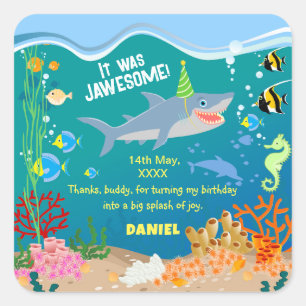 Smiling shark under the sea boy Birthday Party Square Sticker
