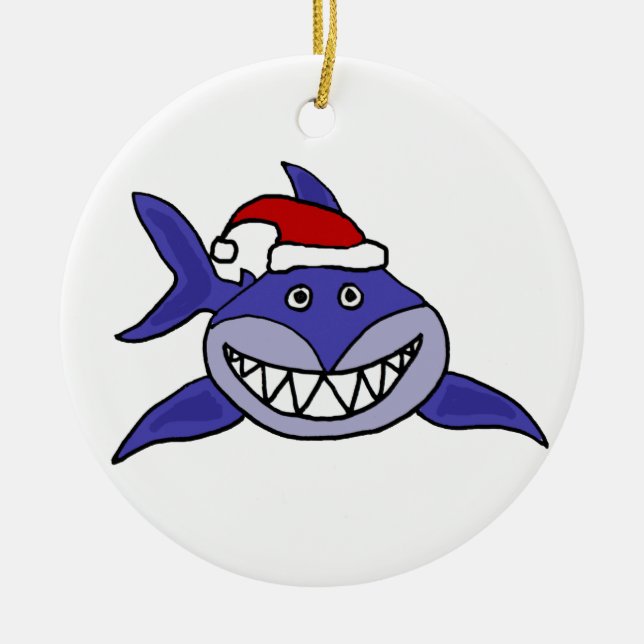 Smiling Shark Wearing Santa hat Christmas Art Ceramic Tree Decoration (Front)