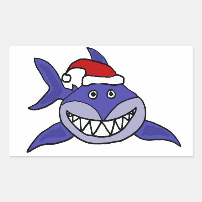 Smiling Shark Wearing Santa hat Christmas Art Rectangular Sticker (Front)