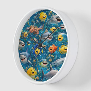 Smiling sharks and friends underwater round wall c clock