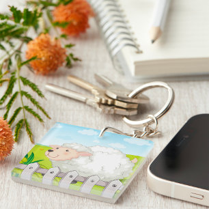 Smiling Sheep in Sunny Countryside Key Ring