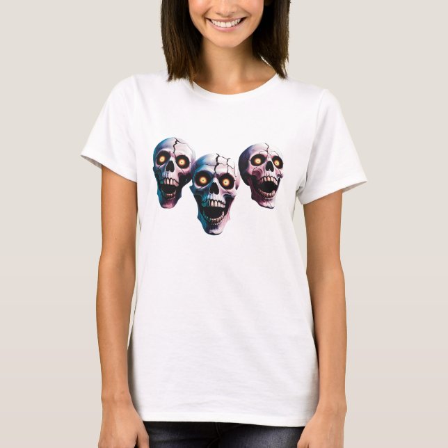 Smiling Skeleton Faces Design - Spooky & Fun Art T-Shirt (Front)