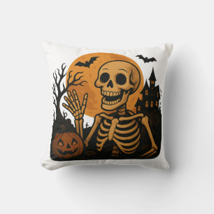 Smiling Skeleton with Pumpkin and Full Moon – Spoo Cushion