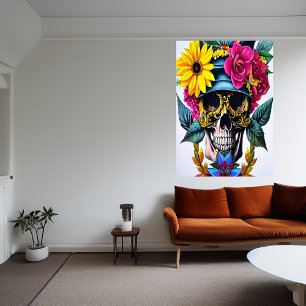 Smiling skull, golden glasses, flower hat   AI Art Poster