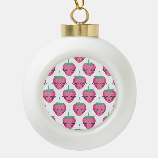 Smiling sleeping strawberries, cute pattern. ceramic ball christmas ornament (Front)