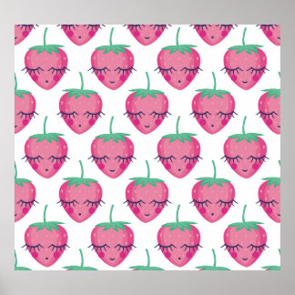 Smiling sleeping strawberries, cute pattern. poster