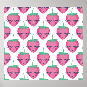 Smiling sleeping strawberries, cute pattern. poster