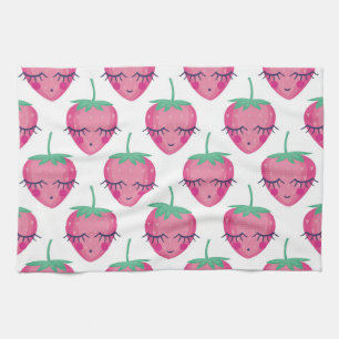 Smiling sleeping strawberries, cute pattern. tea towel