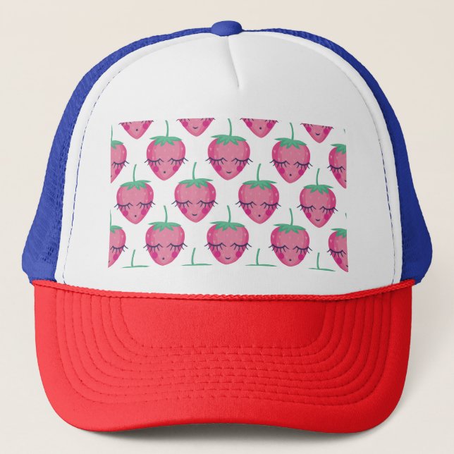 Smiling sleeping strawberries, cute pattern. trucker hat (Front)