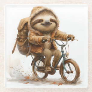 Smiling Sloth Cyclist Glass Coaster