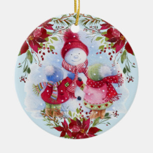 Smiling Snowman and Children Ceramic Ornament