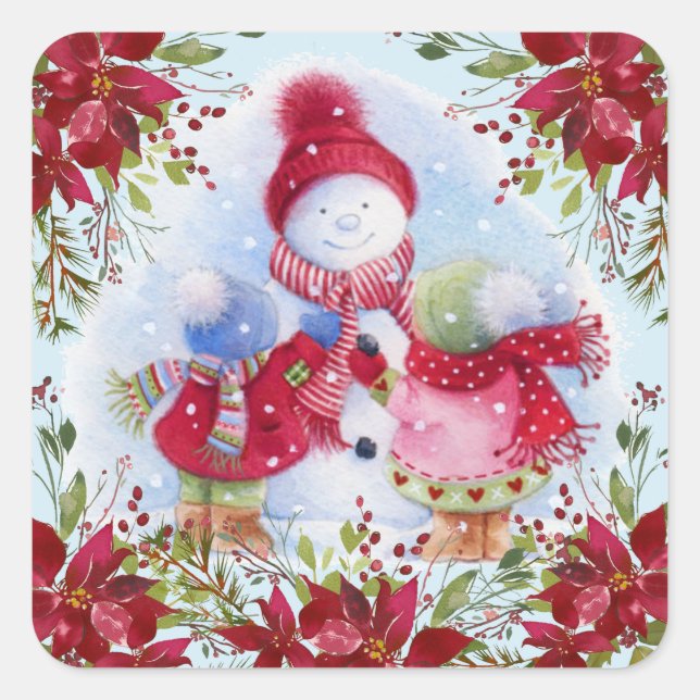 Smiling Snowman and Children Square Sticker (Front)