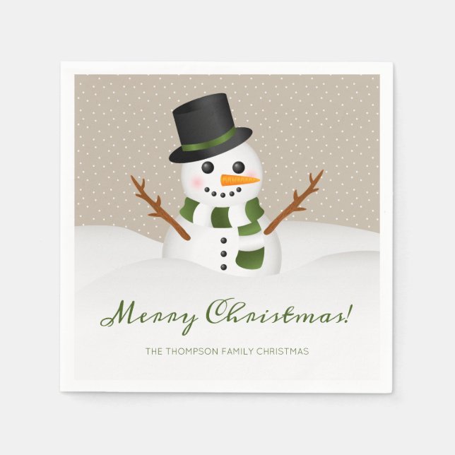 Smiling Snowman And Personalizable Name Christmas Napkin (Front)