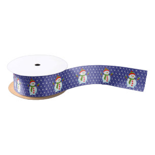 Smiling Snowman Blue and Snowflakes Christmas  Satin Ribbon