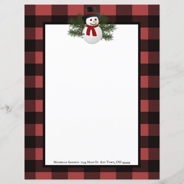 Smiling Snowman Buffalo Plaid Paper Stationery (Front)