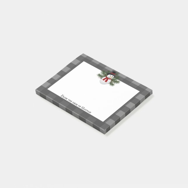 Smiling Snowman Buffalo Plaid Personalised Post-it Notes (Angled)