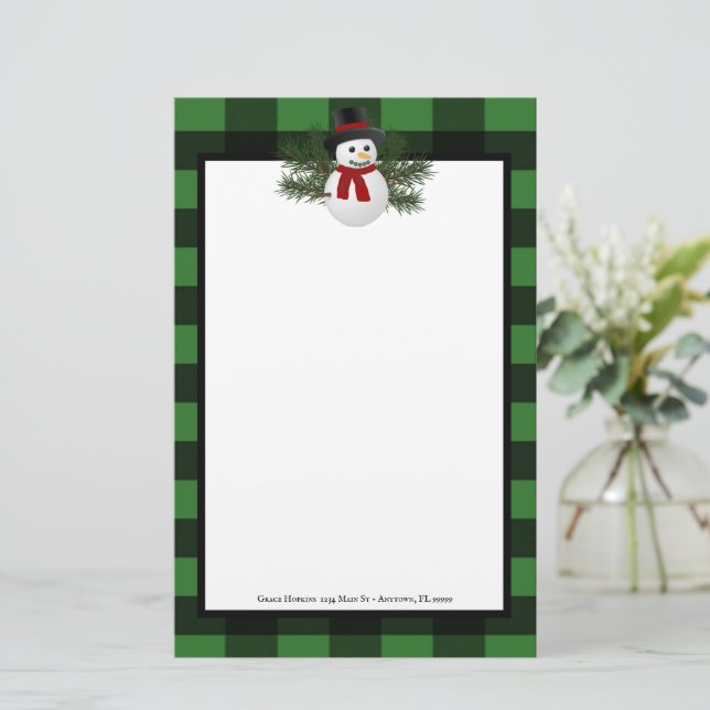 Smiling Snowman Buffalo Plaid Personalised Stationery (Standing Front)