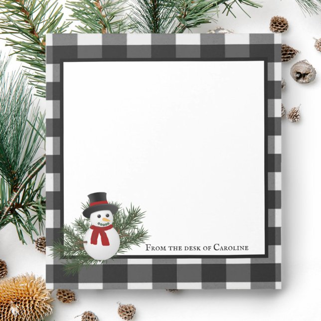 Smiling Snowman Buffalo Plaid Personalized | Black Notepad (Black and White Smiling Snowman Buffalo Plaid Personalized Notepad)