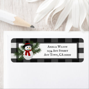 Smiling Snowman Buffalo Plaid Return Address Label