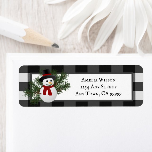 Smiling Snowman Buffalo Plaid Return Address Label (Insitu)