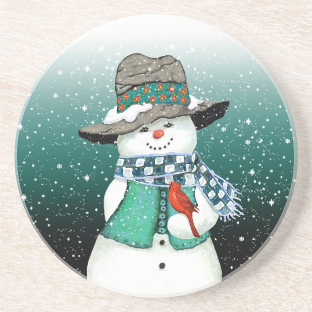 Smiling Snowman, Cardinal in a Snowstorm Coaster (Front)