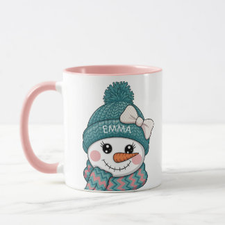 Smiling Snowman Face Name Christmas bow Mug