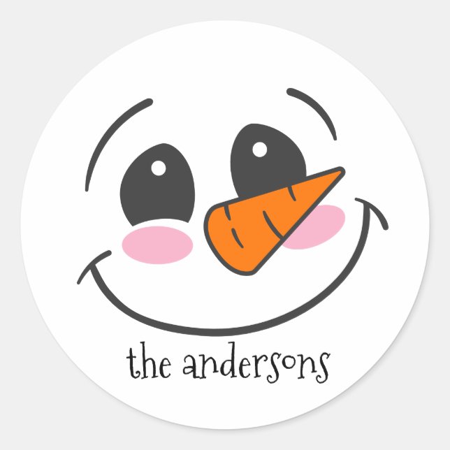 Smiling Snowman Face Personalised Family Name Classic Round Sticker (Front)