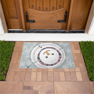 Smiling Snowman Gazing Upwards Winter Welcome Doormat