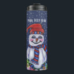 Smiling Snowman Hat Scarf String Christmas Lights Thermal Tumbler<br><div class="desc">This thermal tumbler bottle to keep your drinks cold or hot is dark blue with falling snowflakes and a smiling snowman wearing a winter hat and scarf holding a shining string of lit Christmas lights.  Customise your text with template.</div>