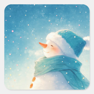 Smiling Snowman in Blue Beanie and Scarf Square Sticker
