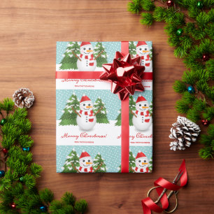 Smiling Snowman In Winter Forest Merry Christmas Wrapping Paper