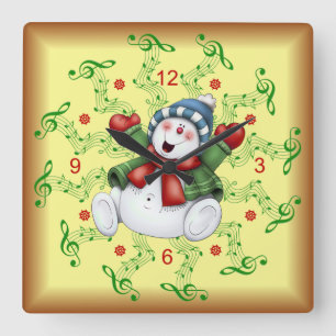 Smiling Snowman ~ Musical Scrolls ~ Christmas ~ Square Wall Clock