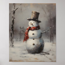 Smiling Snowman Wearing Hat & Red Scarf In Forest