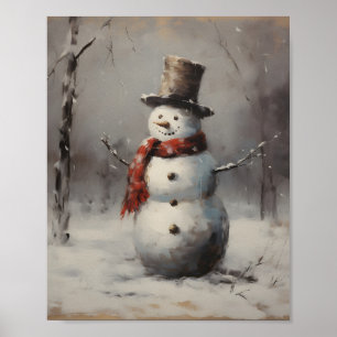 Smiling Snowman Wearing Hat & Red Scarf In Forest Poster