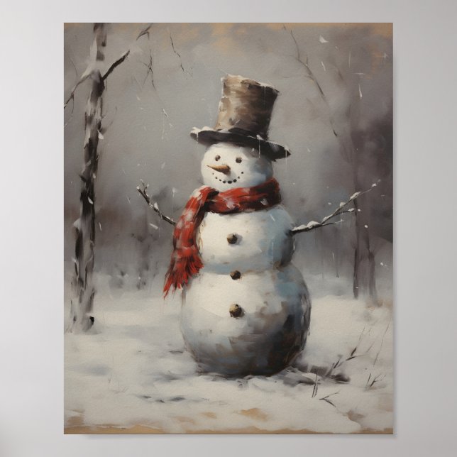 Smiling Snowman Wearing Hat & Red Scarf In Forest Poster (Front)