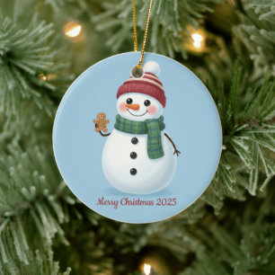 Smiling Snowman with Beanie Cute Christmas 2025 Ceramic Ornament