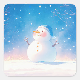Smiling Snowman with Blue Beanie in Starry Night Square Sticker