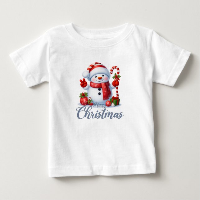 Smiling Snowman With Candy Cane Christmas Tee (Front)