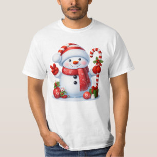 Smiling Snowman With Candy Cane Christmas Tee