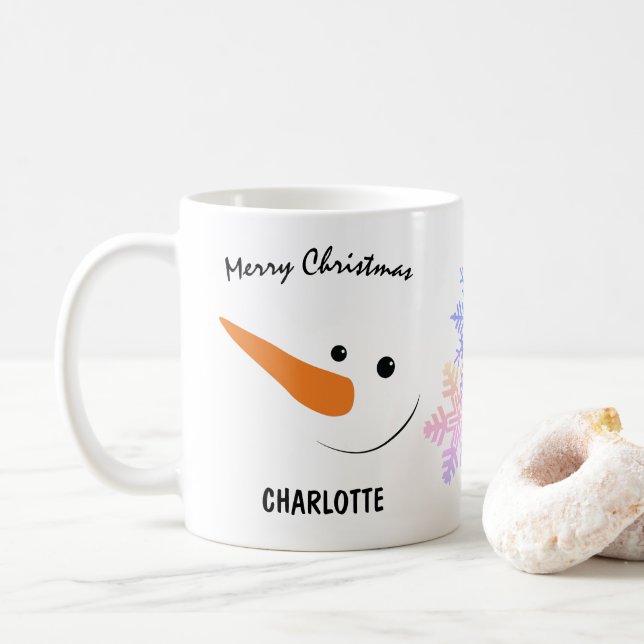 Smiling Snowman With Long Nose, Merry Christmas Coffee Mug (With Donut)