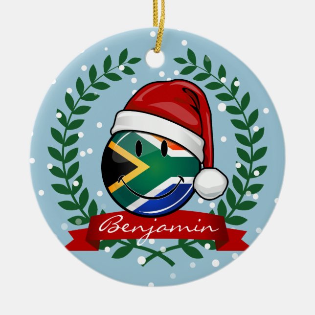 Smiling South African Flag Christmas Style Ceramic Tree Decoration (Front)