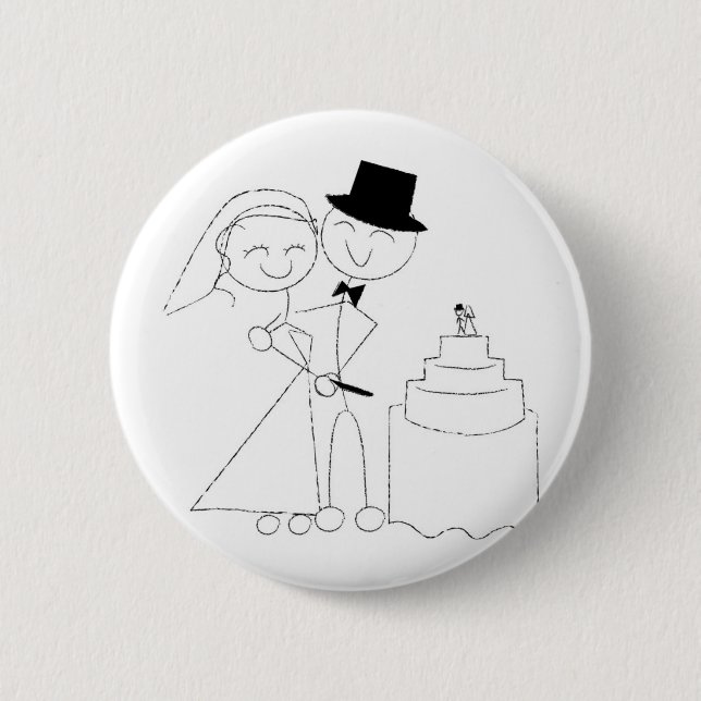 Smiling Stick Figure Couple Cuts the Wedding Cake 6 Cm Round Badge (Front)