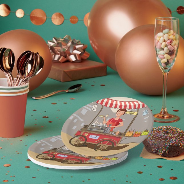 Smiling Street Food Vendor Colourful Food Cart Paper Plate (Creator Uploaded)