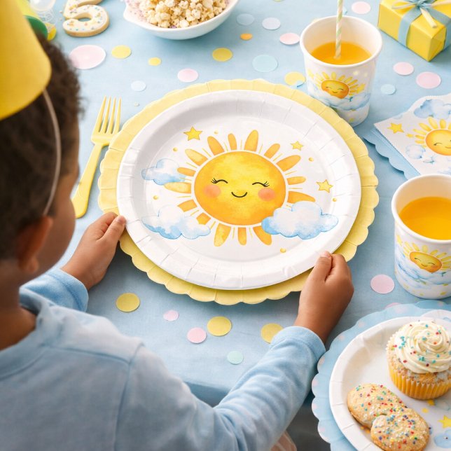 Smiling Sun Blue Clouds Baby Shower Theme Paper Plate (Creator Uploaded)