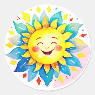 ☀️ Smiling Sun Cartoon Happy Face Cute Joy 🌈 Classic Round Sticker