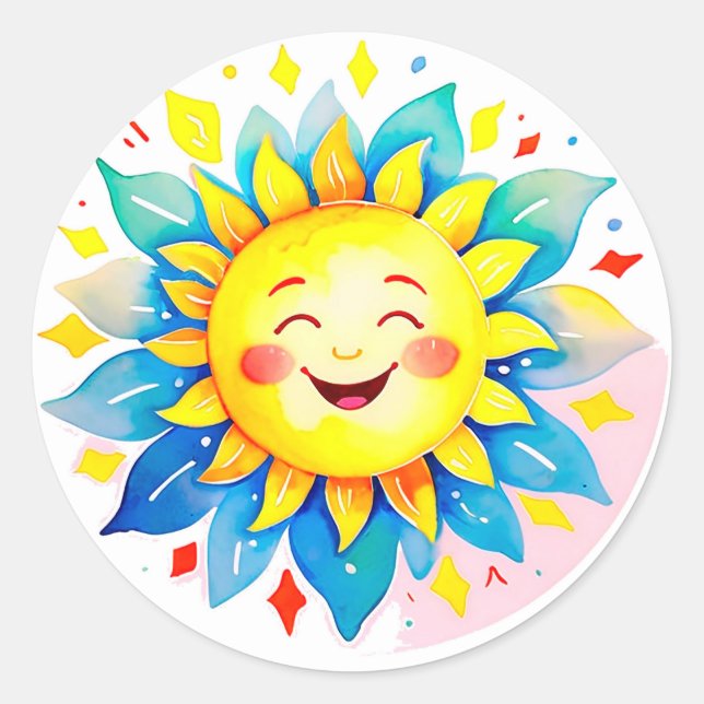 ☀️ Smiling Sun Cartoon Happy Face Cute Joy 🌈 Classic Round Sticker (Front)