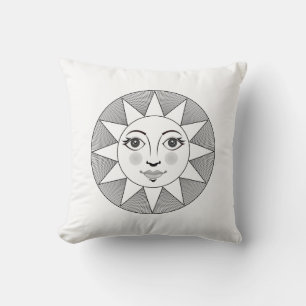Smiling Sun Face Black and white Astronomy Symbol Cushion